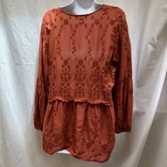 American Eagle Boho Eyelet Peplum Blouse Burnt Orange Medium Tassel Ties - Picture 3 of 9